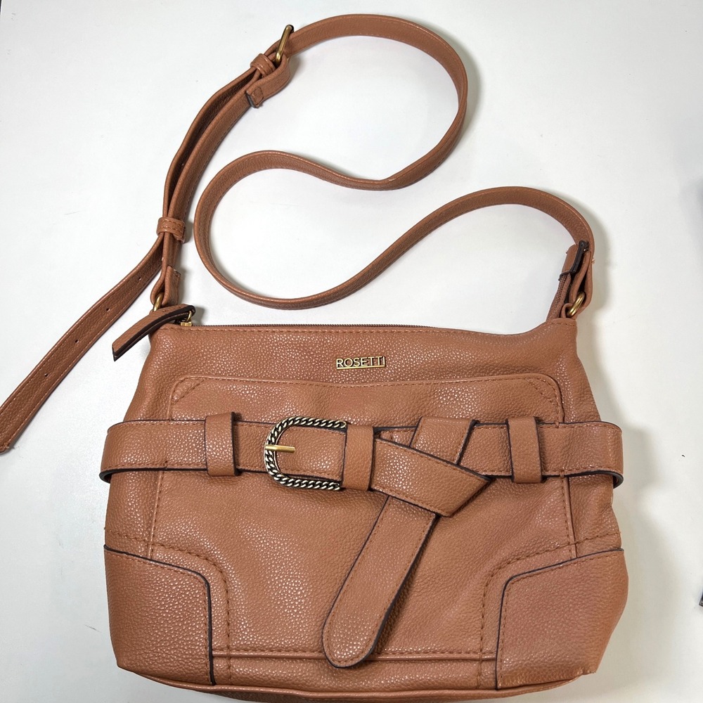 Rosetti Brown Faux Leather Crossbody‎ Bag With Buckle Detail Adjustable Strap